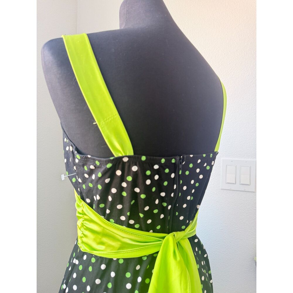 Y2K Black & Lime Green Polka Dot Skater Dress Thick Strap Retro